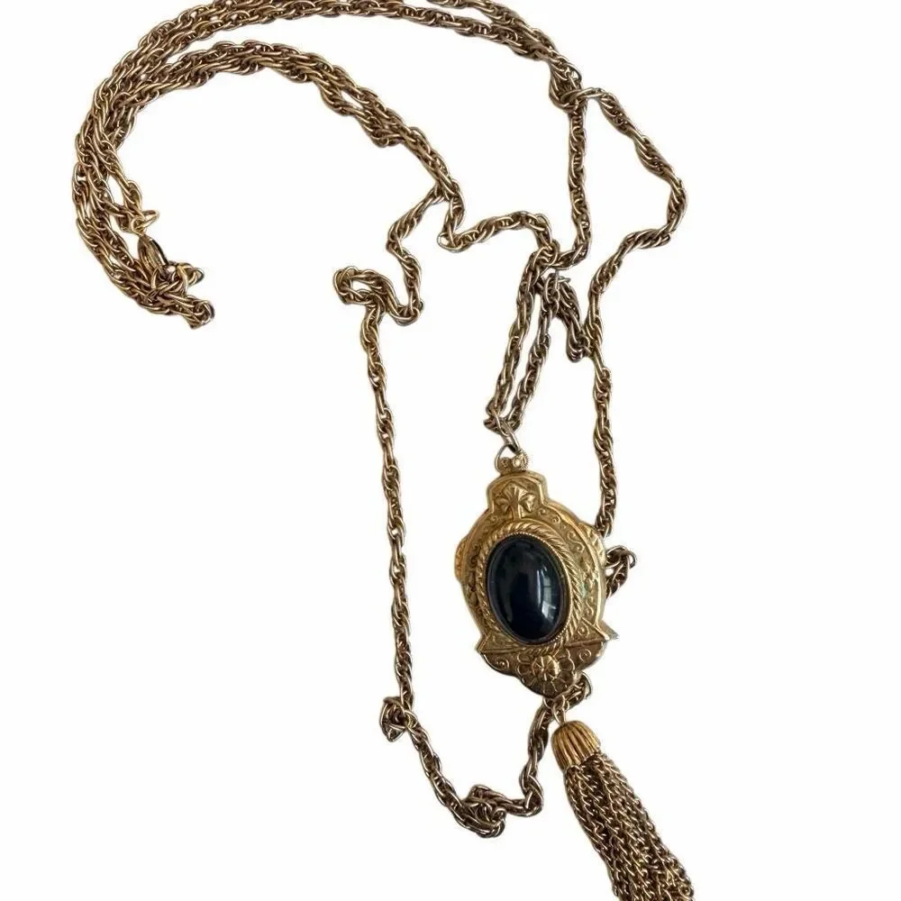 Vintage Double Chain Victorian Revival Pendant Necklace with Tassel